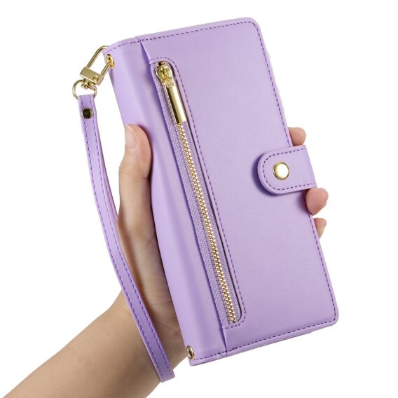 Θήκη με πτερύγιο για iPhone 16, Wallet Zipper Pocket, μωβ