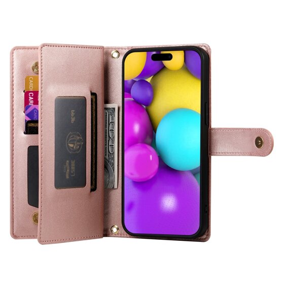 Θήκη με πτερύγιο για iPhone 16, Wallet Zipper Pocket, ροζ