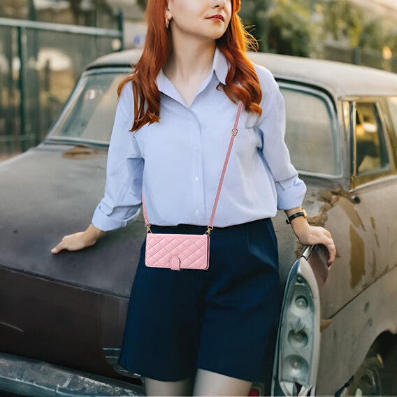 θήκη πτερύγιο για Motorola Moto G24 / G24 Power / G04, Rhombus Crossbody Leather, ροζ rose gold