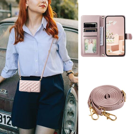 θήκη πτερύγιο για Samsung Galaxy A55 5G, Rhombus Crossbody Leather, ροζ rose gold