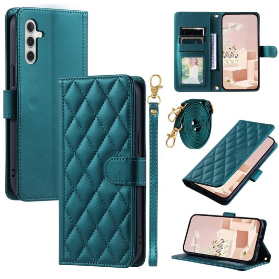 θήκη πτερύγιο για Samsung Galaxy A55 5G, Rhombus Crossbody Leather, σκούρα πράσινη