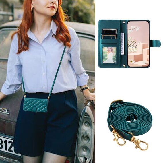 θήκη πτερύγιο για Samsung Galaxy A55 5G, Rhombus Crossbody Leather, σκούρα πράσινη