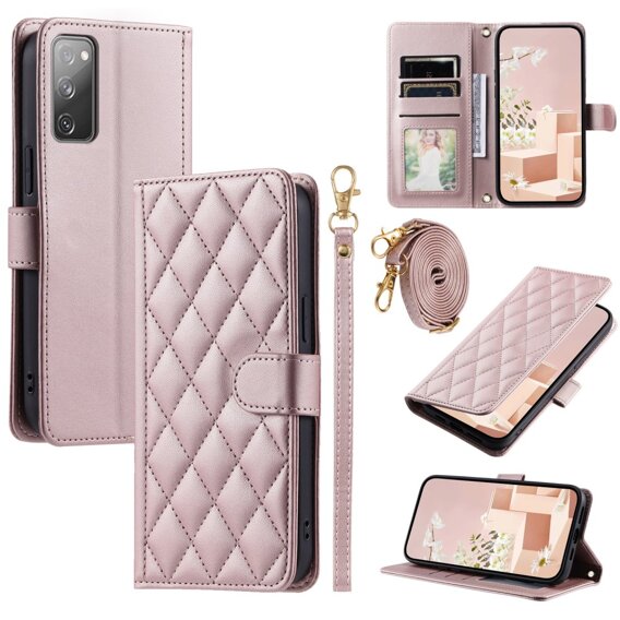 θήκη πτερύγιο για Samsung Galaxy S20 FE, Rhombus Crossbody Leather, ροζ rose gold