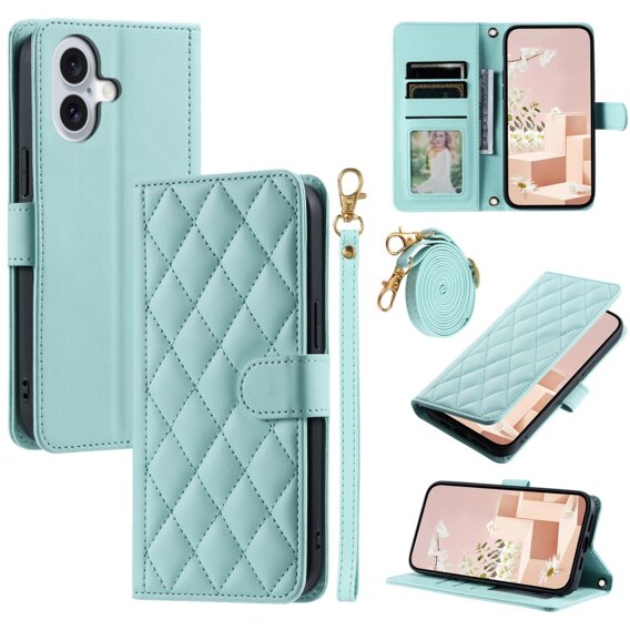 θήκη πτερύγιο για iPhone 16 Plus, Rhombus Crossbody Leather, πράσινη