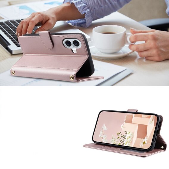 θήκη πτερύγιο για iPhone 16 Plus, Rhombus Crossbody Leather, ροζ rose gold