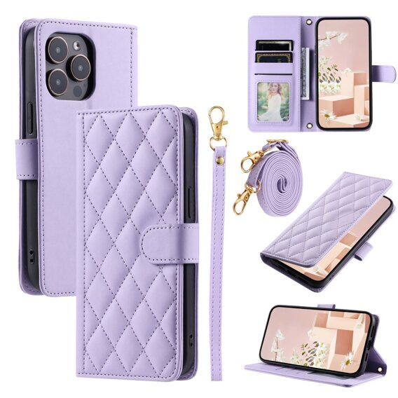 θήκη πτερύγιο για iPhone 16 Pro Max, Rhombus Crossbody Leather, μωβ