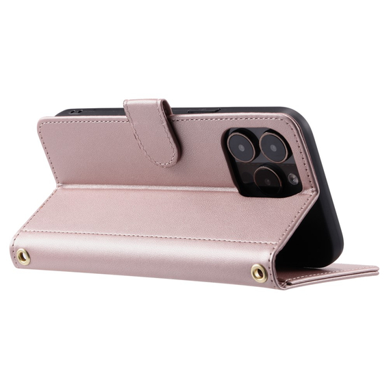 θήκη πτερύγιο για iPhone 16 Pro Max, Rhombus Crossbody Leather, ροζ rose gold