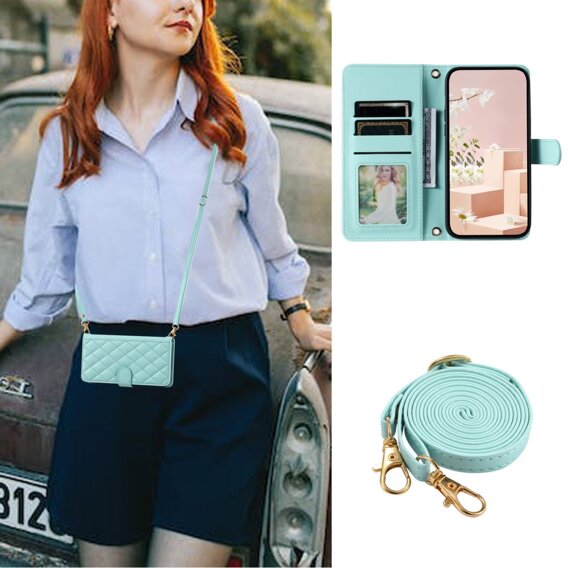 θήκη πτερύγιο για iPhone 16 Pro, Rhombus Crossbody Leather, πράσινη