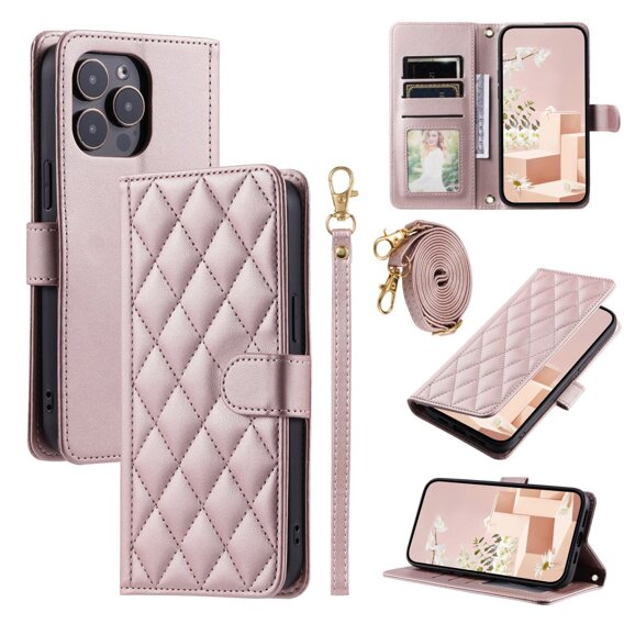 θήκη πτερύγιο για iPhone 16 Pro, Rhombus Crossbody Leather, ροζ rose gold