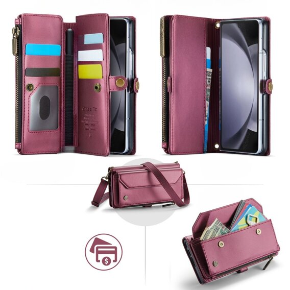 θήκη CASEME για Samsung Galaxy Z Fold6 5G, RFID Leather Wallet, με λουράκι ώμου, κόκκινη