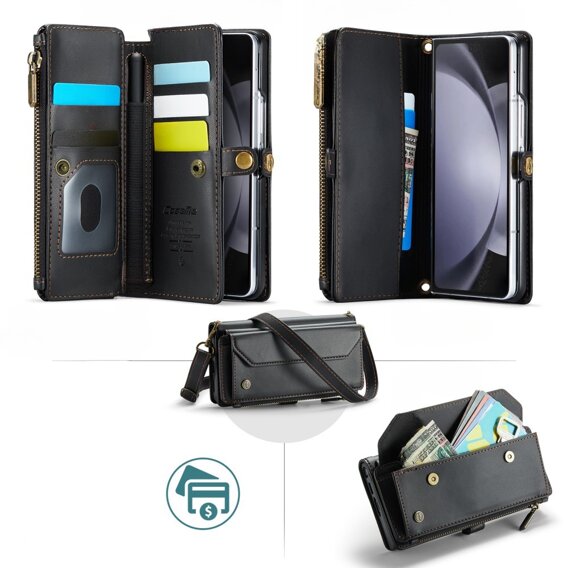 θήκη CASEME για Samsung Galaxy Z Fold6 5G, RFID Leather Wallet, με λουράκι ώμου, μαύρη