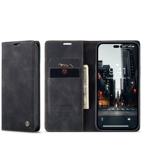 θήκη CASEME για iPhone 14, Leather Wallet Case, μαύρη