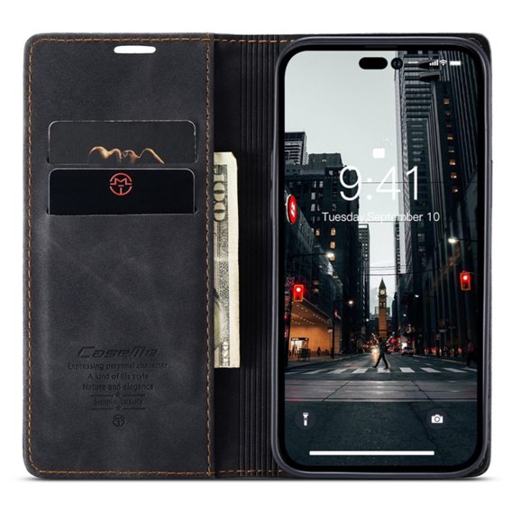 θήκη CASEME για iPhone 14, Leather Wallet Case, μαύρη