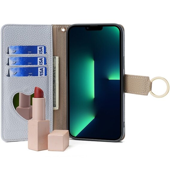 θήκη Wallet Zipper Pocket flip για το iPhone 15 Pro Max, Wallet Zipper Pocket, με καθρέφτη, μπλε