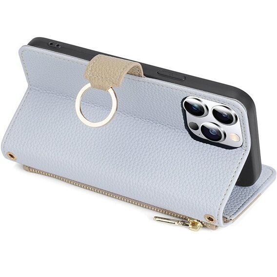 θήκη Wallet Zipper Pocket flip για το iPhone 15 Pro Max, Wallet Zipper Pocket, με καθρέφτη, μπλε