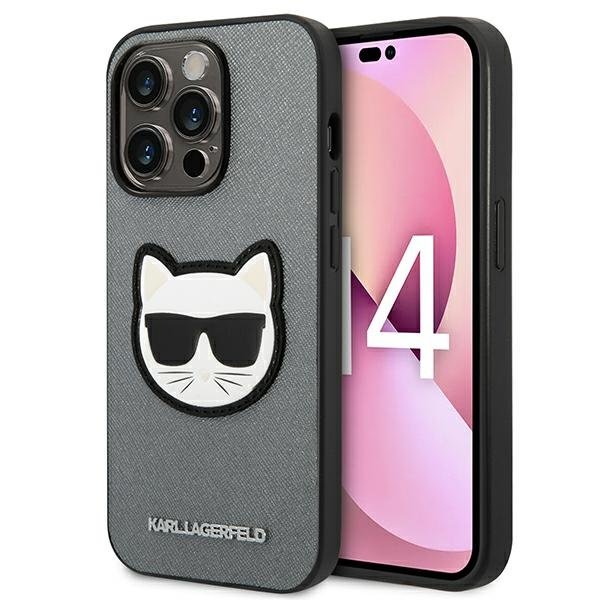 Karl Lagerfeld Θήκη για iPhone 14 Pro Max, Saffiano Choupette Head Patch, ασημένια