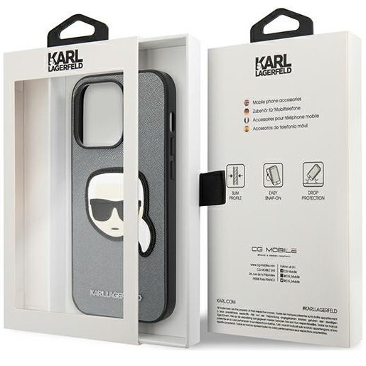 Karl Lagerfeld Θήκη για iPhone 14 Pro Max, Saffiano Karl's Head Patch, ασημένια