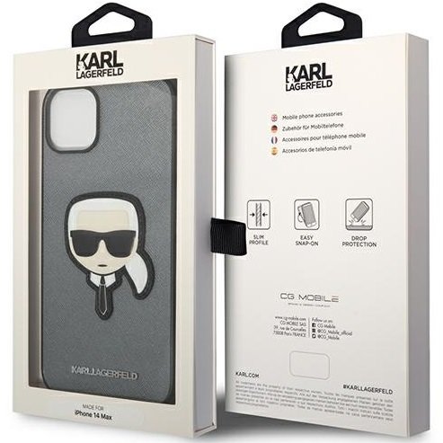 Karl Lagerfeld Θήκη για iPhone 14, Saffiano Karl's Head Patch, ασημένια