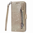 Θήκη με πτερύγιο για Samsung Galaxy S24, Wallet Zipper Pocket Glittery, χρυσή