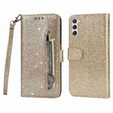 Θήκη με πτερύγιο για Samsung Galaxy S24, Wallet Zipper Pocket Glittery, χρυσή