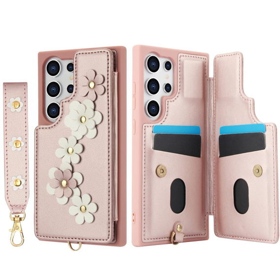 θήκη για Samsung Galaxy S24 Ultra, Leather Flower Card Slot, ροζ