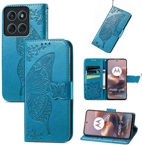 Θήκη με πτερύγιο για Motorola Moto G86 5G, Butterfly, μπλε