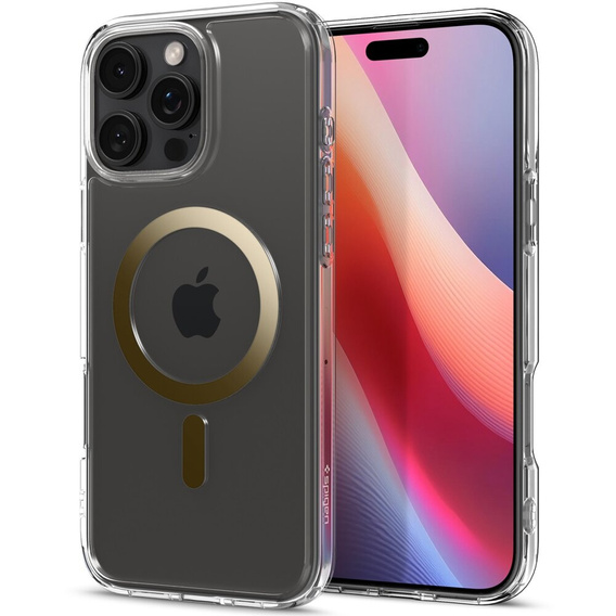 Θήκη MagSafe Spigen για iPhone 16 Pro Max, Ultra Hybrid, διαφανές / χρυσό + Μετριασμένο γυαλί 9H