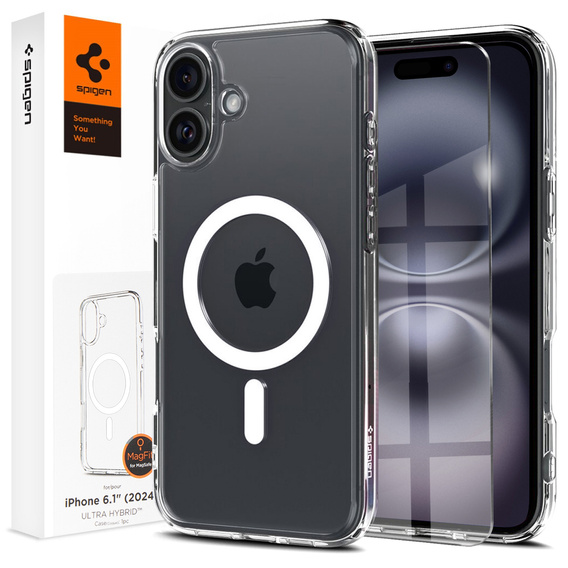Θήκη MagSafe Spigen για iPhone 16, Ultra Hybrid, διαφανής / λευκή + Μετριασμένο γυαλί 9H