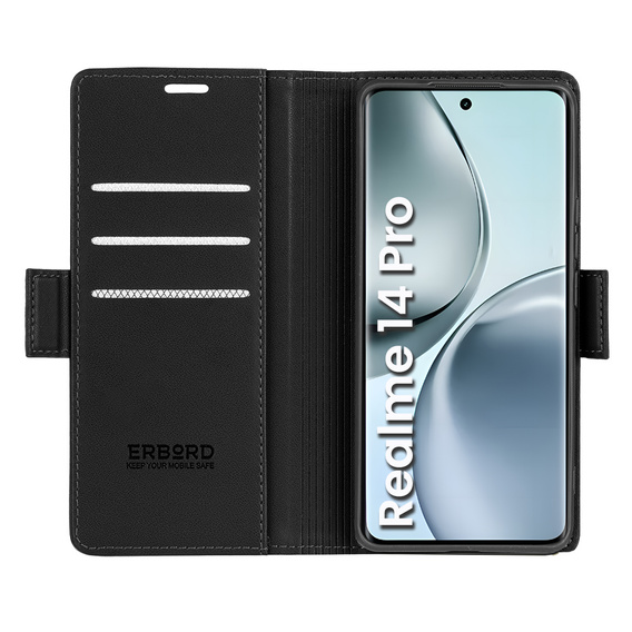 Θήκη για Realme 14 Pro 5G, ERBORD Glossy Litchi, πορτοφόλι με πτερύγιο, μαύρη