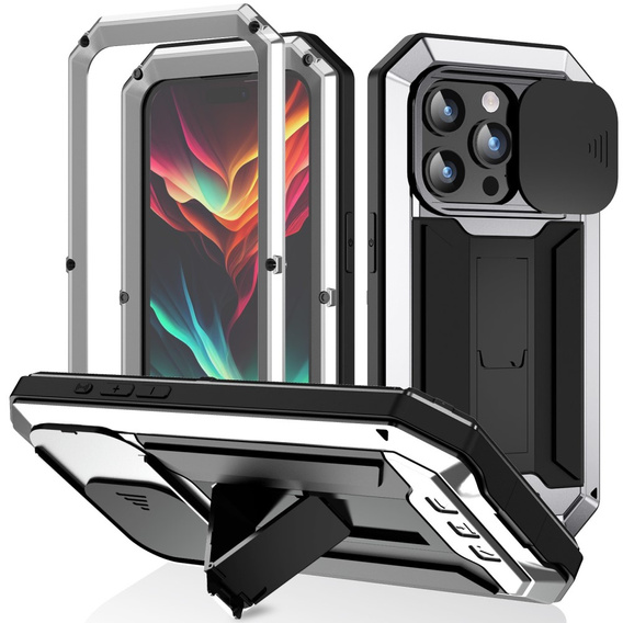 Θήκη για iPhone 15 Pro, R-JUST CamShield Slide, θωρακισμένη, ασημένια / μαύρη