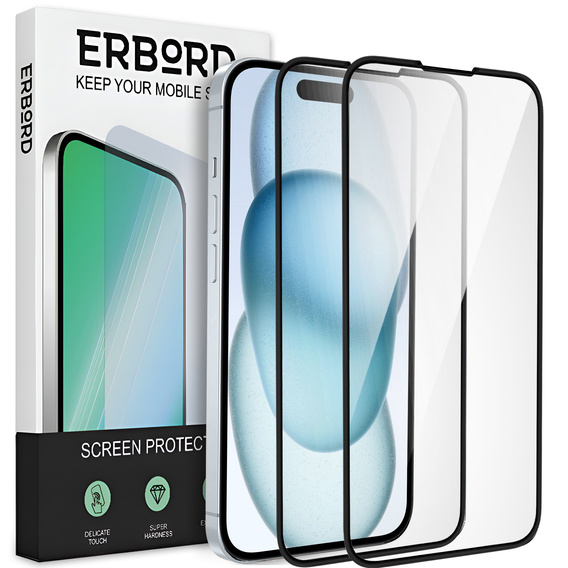 2x Μετριασμένο γυαλί για iPhone 15, ERBORD 3D πλήρης οθόνη