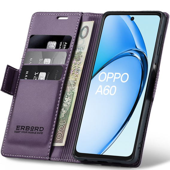 Θήκη για Oppo A60, ERBORD Glossy Litchi, πορτοφόλι με πτερύγιο, μωβ