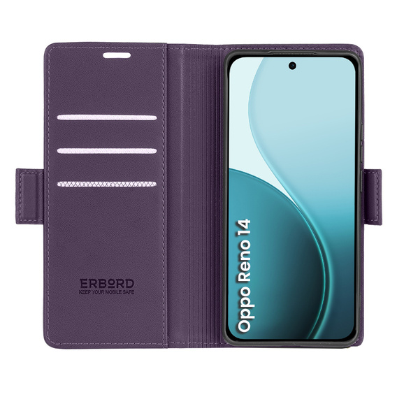 Θήκη για Oppo Reno 14, ERBORD Glossy Litchi, πορτοφόλι με πτερύγιο, μωβ