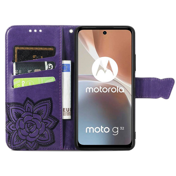 Θήκη με πτερύγιο για Motorola Moto G32, Butterfly, μωβ
