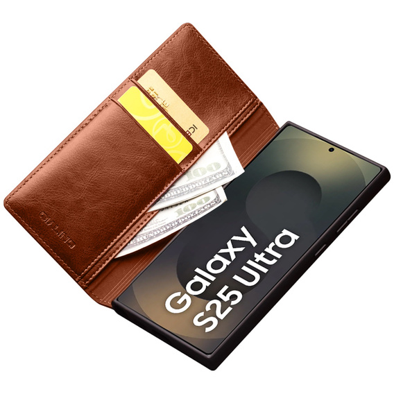 θήκη flip για Samsung Galaxy S25 Ultra, QIALINO Leather Wallet, καφέ