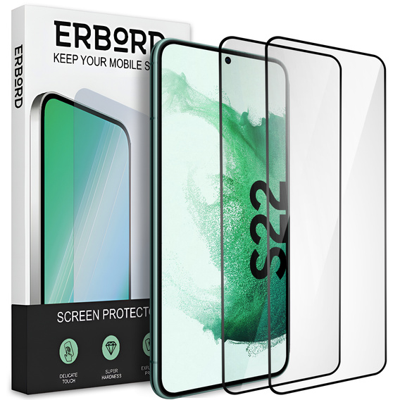 2x Μετριασμένο γυαλί για Samsung Galaxy S22, ERBORD 3D πλήρης οθόνη