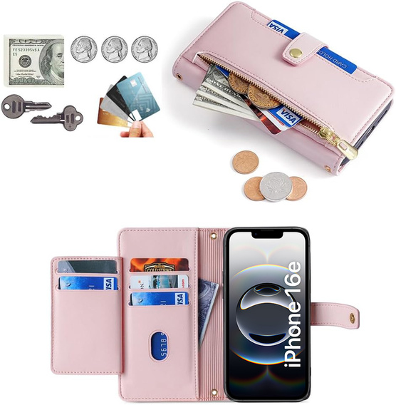 Θήκη με πτερύγιο για iPhone 16E, Wallet Zipper Pocket, ροζ