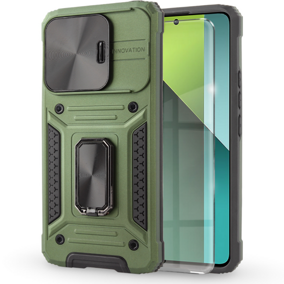 Θωρακισμένη θήκη για Xiaomi Redmi Note 13 Pro 5G, CamShield Slide, πράσινη + Μετριασμένο γυαλί 9H