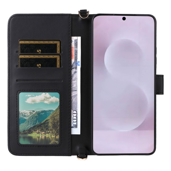 Θήκη με πτερύγιο για Samsung Galaxy S25 Edge, Crossbody Leather Wallet, μαύρη