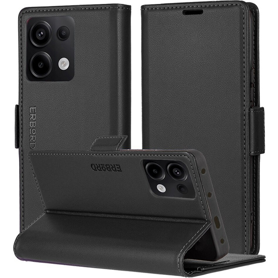Θήκη για Xiaomi Redmi Note 13 Pro 4G / Xiaomi Redmi Note 14S / Xiaomi Poco M6 Pro 4G, ERBORD Glossy Litchi, πορτοφόλι με πτερύγιο, μαύρη