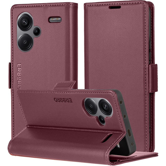 Θήκη για Xiaomi Redmi Note 13 Pro+, ERBORD Glossy Litchi, πορτοφόλι με πτερύγιο, κόκκινη