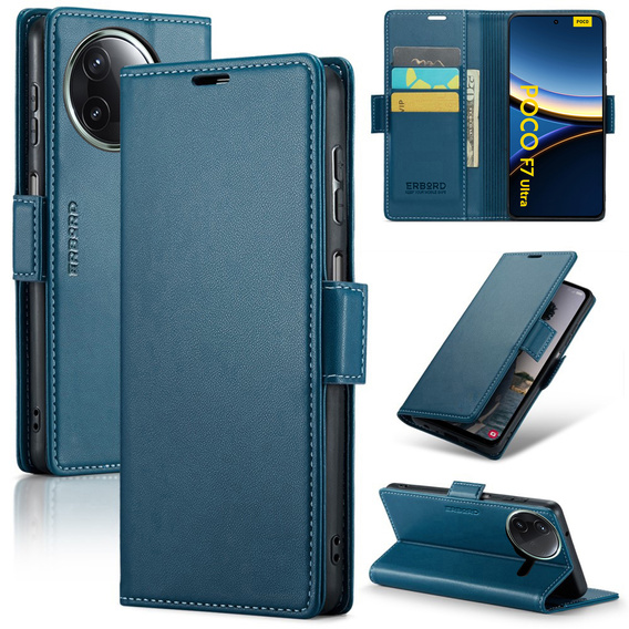 Θήκη για Xiaomi Poco F7 Ultra, ERBORD Glossy Litchi, πορτοφόλι με πτερύγιο, μπλε