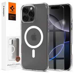 Θήκη MagSafe Spigen για iPhone 16 Pro, Ultra Hybrid, διαφανής / λευκή + Μετριασμένο γυαλί 9H