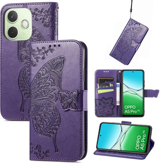 Θήκη με πτερύγιο για Oppo A5 Pro 5G, Butterfly, μωβ