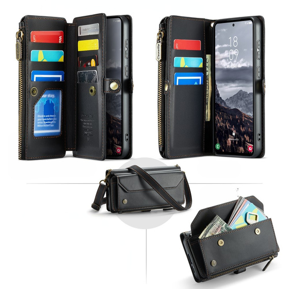 θήκη CASEME για Samsung Galaxy S24 FE, RFID Leather Wallet, με λουράκι ώμου, μαύρη