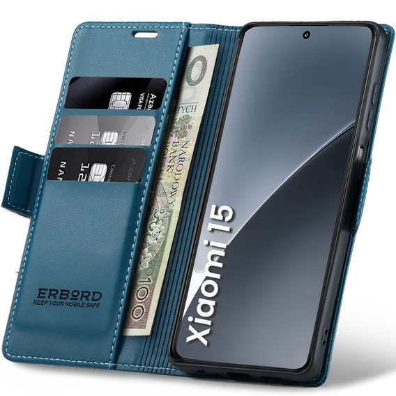 Θήκη για Xiaomi 15, ERBORD Glossy Litchi, πορτοφόλι με πτερύγιο, μπλε
