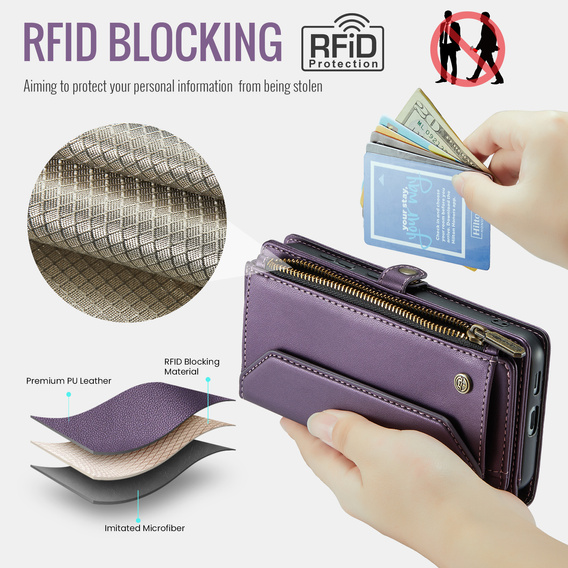 θήκη CASEME για Samsung Galaxy S25 FE, RFID Leather Wallet, με λουράκι ώμου, μωβ