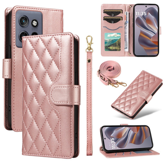 θήκη πτερύγιο για Motorola Edge 50 Neo / Motorola ThinkPhone 25, Rhombus Crossbody Leather, ροζ rose gold