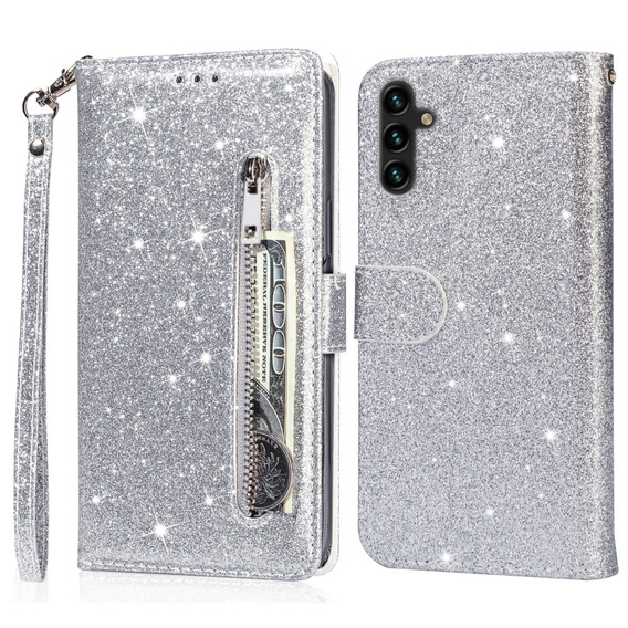 Θήκη με πτερύγιο για Samsung Galaxy A56 5G, Wallet Zipper Pocket Glittery, ασημένια