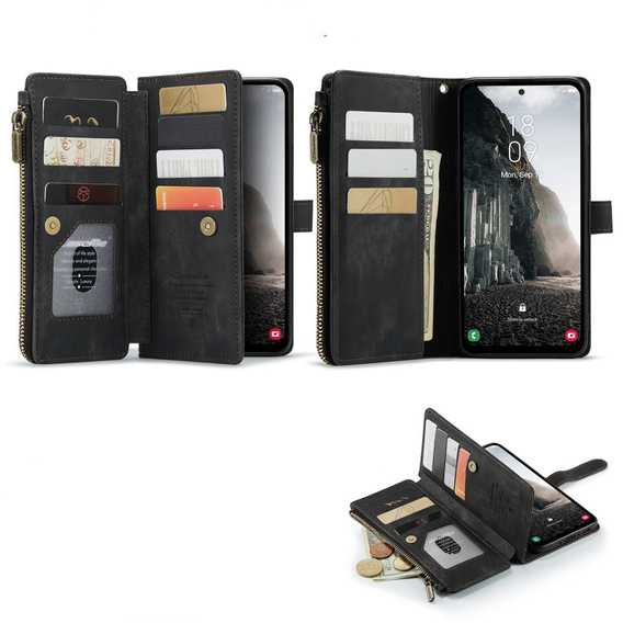 Η θήκη CASEME για Samsung Galaxy A56 5G, Leather Wallet Cash and Card Slots, με λουράκι, μαύρη